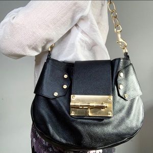 Alexis Hudson Black Leather Baguette Shoulder Bag With Gold Tone Padlock Flap